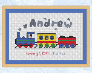 Cross stitch pattern of a toy steam train with the name 'Andrew' in the steam, and a date of birth and baby weight underneath
