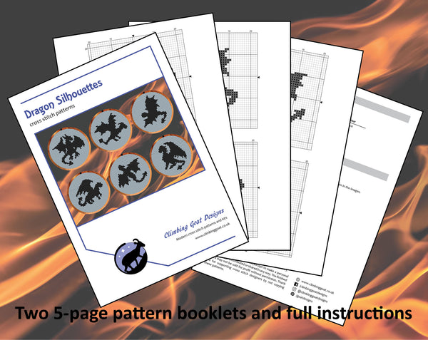 Dragon Silhouettes cross stitch patterns. Two 5-page pattern booklets and full instructions.