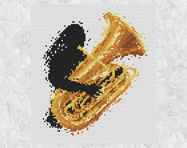 Modern art music cross stitch pattern of a female tuba player. Shown without frame.