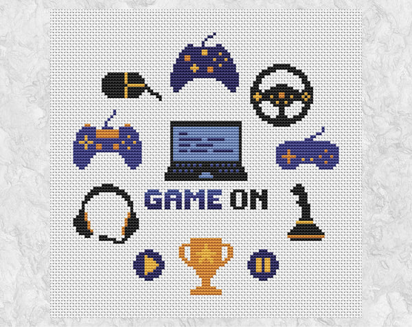 Game On computer games cross stitch pattern. Shown without frame.