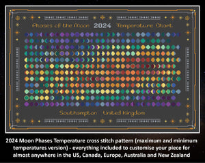 2024 Moon Phases Temperature cross stitch pattern (maximum and minimum temperatures version) - everything included to customise your piece for almost anywhere in the US, Canada, Europe, Australia and New Zealand. Image shows colourful Moons cross stitch design on black fabric.