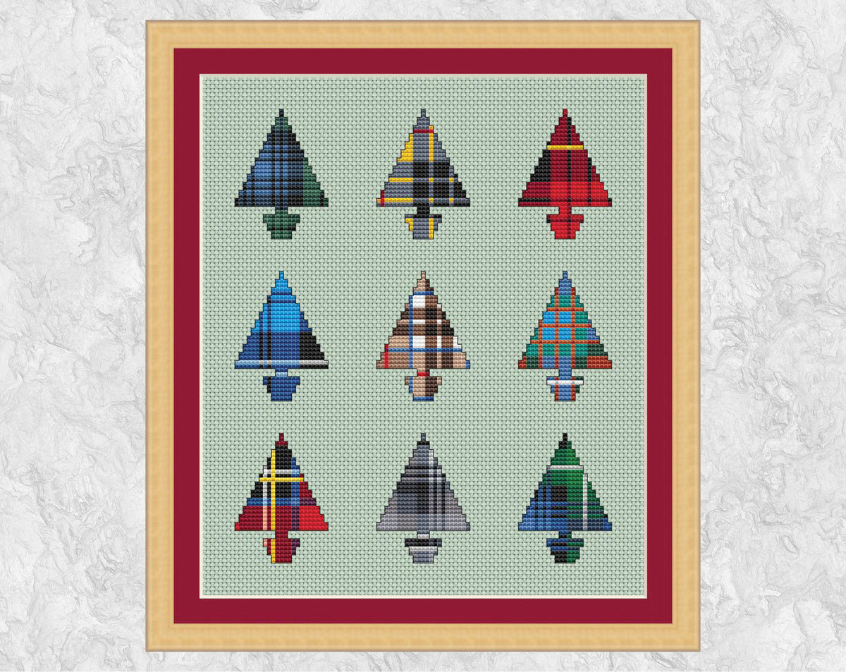 Nine Tartan Christmas Trees cross stitch pattern – Climbing Goat Designs