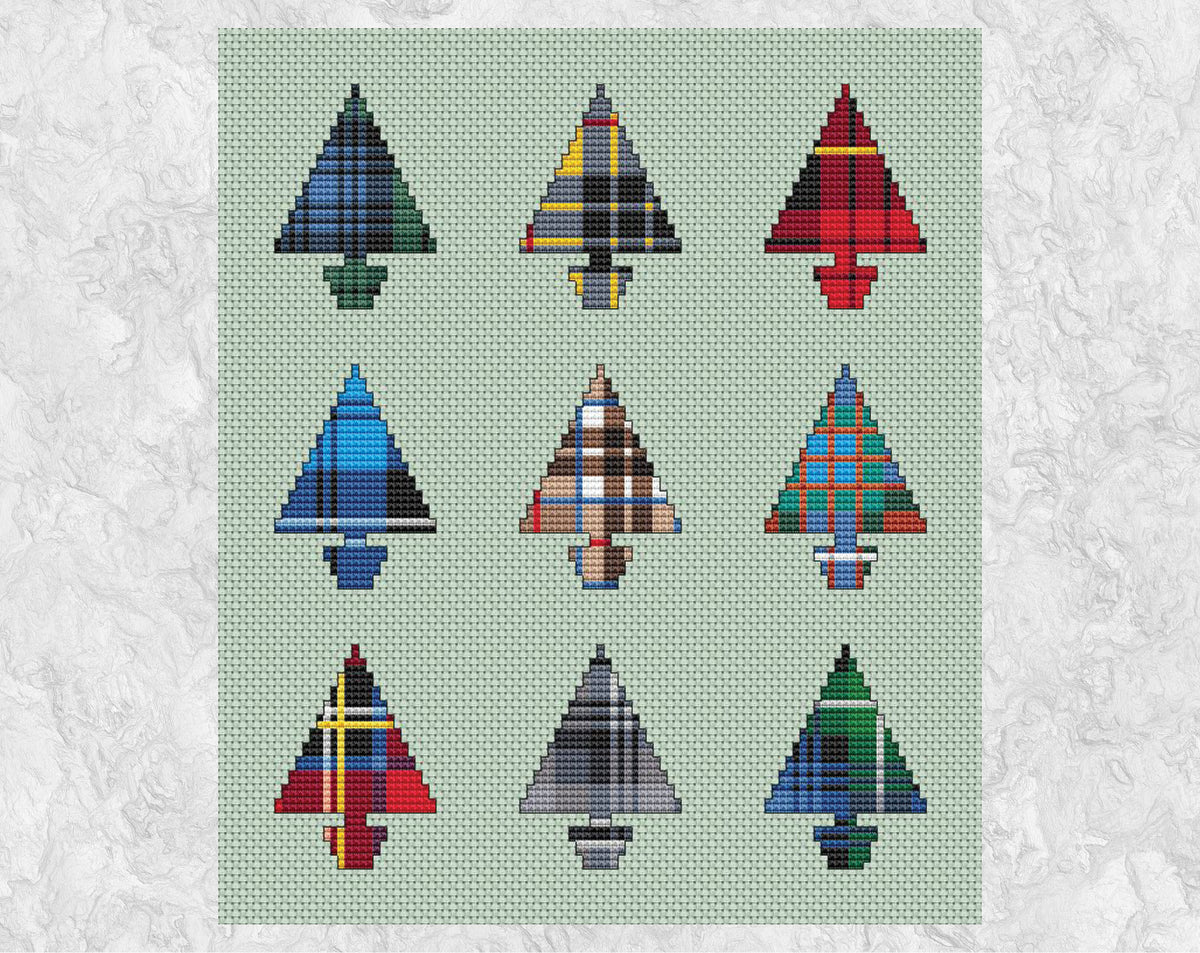 Nine Tartan Christmas Trees cross stitch pattern – Climbing Goat Designs nine-tartan-christmas-trees-cross-stitch-pattern-climbing-goat-designs