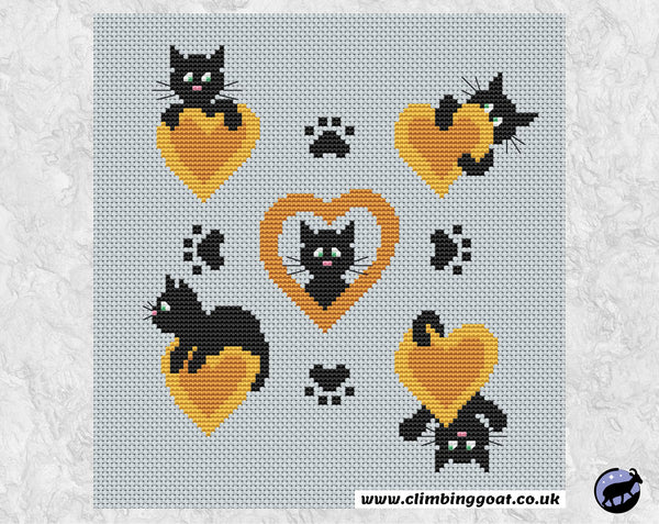 Peekaboo Cat Hearts cross stitch pattern. Cartoon cats peeking around golden hearts. Shown without frame.