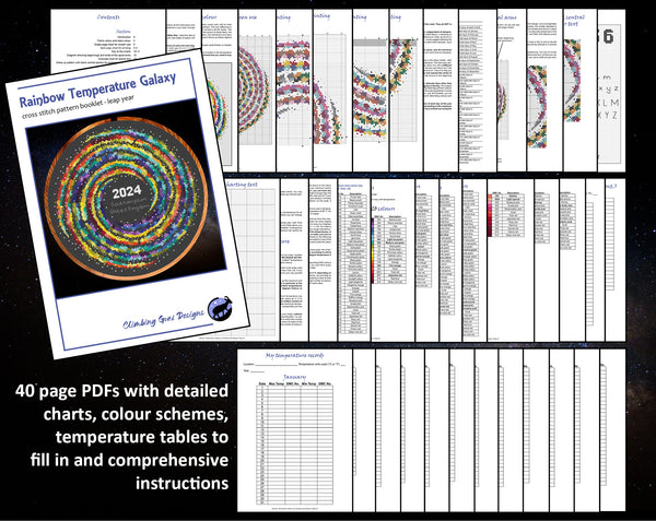 Rainbow Temperature Galaxy cross stitch pattern - image showing all 40 pages of the colour PDF booklet laid out. Text reads: '40 page PDFs with detailed charts, colour schemes, temperature tables to fill in and comprehensive instructions'. Maximum and minimum temperatures pattern version.