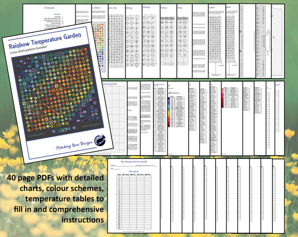 Rainbow Temperature Garden cross stitch pattern - maximum and minimum temperatures version. 40 page PDFs with detailed charts, colour schemes, temperature tables to fill in and comprehensive instructions.