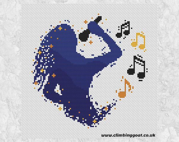 Singing Heart cross stitch pattern. Silhouette of a singer and microphone making a heart shape with musical notes. Shown without frame.