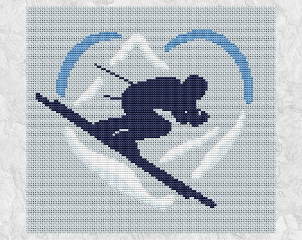 Skiing Heart cross stitch pattern. Shown without frame.