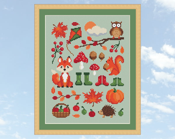 Autumn Bounty cross stitch pattern - shown with frame