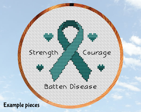 Free awareness ribbon cross stitch pattern. Example teal ribbon with example condition Batten Disease.