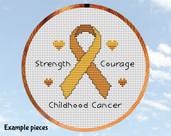 Free awareness ribbon cross stitch pattern. Example fold ribbon with example condition Childhood Cancer.