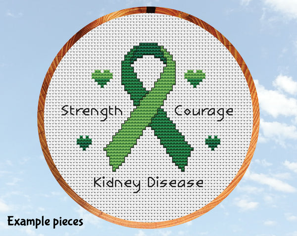Free awareness ribbon cross stitch pattern. Example green ribbon with example condition Kidney Disease.