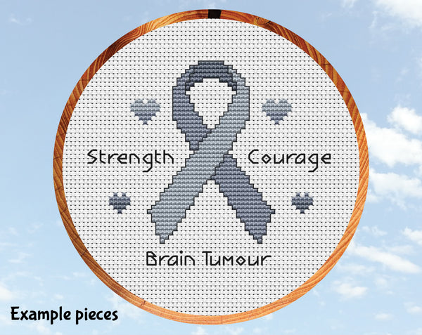 Free awareness ribbon cross stitch pattern. Example grey ribbon with example condition Brain Tumour.