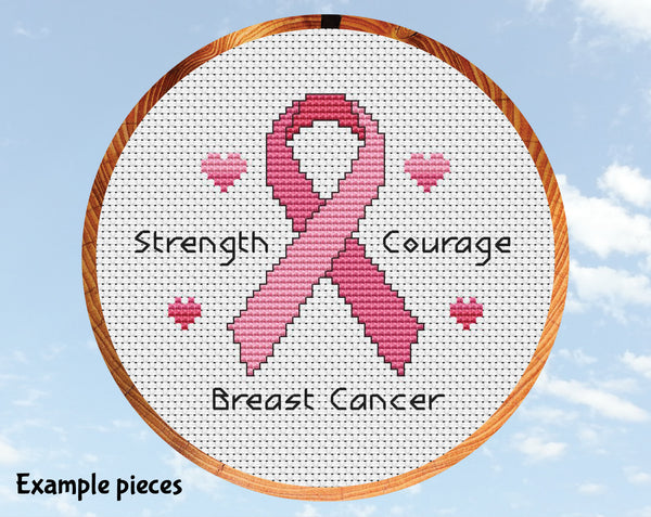 Free awareness ribbon cross stitch pattern. Example pink ribbon with example condition Breast Cancer.