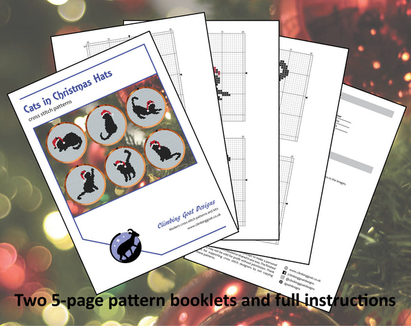 Cats in Christmas Hats cross stitch patterns - pages from 5 page pattern booklet.