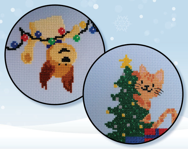 Christmas Dogs and Christmas Cats cross stitch patterns. Close ups of one dog and cat.