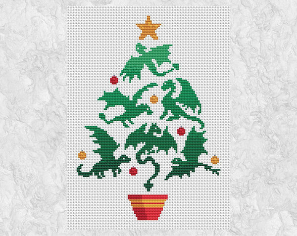 Dragon Christmas Tree cross stitch pattern. Christmas tree shape made up of dragon silhouettes. Shown without frame.