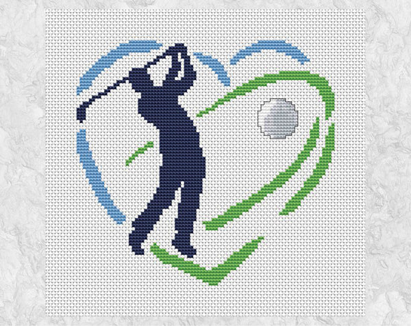 Golf Heart cross stitch pattern - silhouette of a golfer hitting a golf ball within a blue and green heart shape. Shown without frame.
