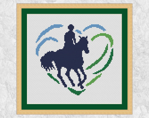 Horse Riding Heart cross stitch pattern - shown with frame