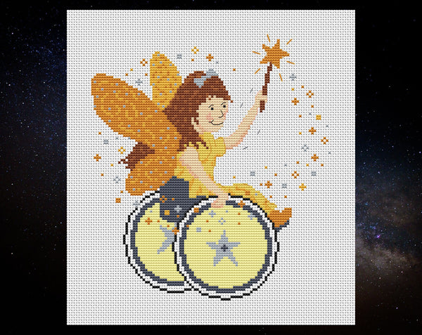 Magical Fairy cross stitch pattern - a disabled child fairy in a golden dress, propelling her wheelchair with one hand and waving her magic wand with the other. Shown without frame.