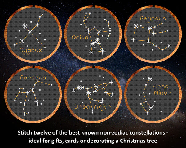 Mini Constellations: Stitch twelve of the best known non-zodiac constellations - ideal for gifts, cards or decorating a Christmas tree. Constellations shown are Cygnus, Orion, Pegasus, Perseus, Ursa Major and Ursa Minor.