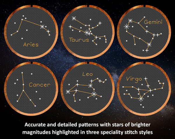 Mini Zodiac Constellations: Accurate and detailed patterns with stars of brighter magnitudes highlighted in three speciality stitch styles