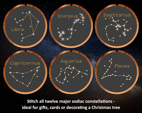 Mini Zodiac Constellations: Stitch all twelve major zodiac constellations - ideal for gifts, cards or decorating a Christmas tree
