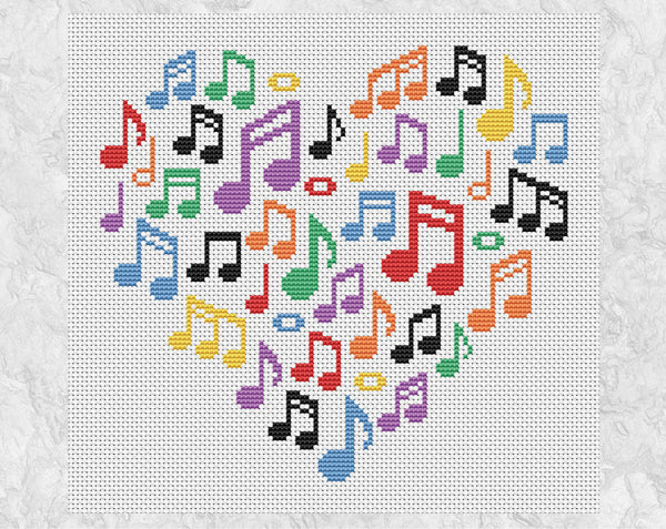 Larger Music Notes Heart cross stitch pattern. Shown without frame.