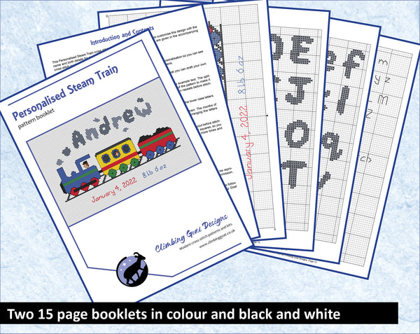 Personalised steam train cross stitch pattern - example pages of PDF booklet. Text reads: Two 15 page booklets in colour and black and white.