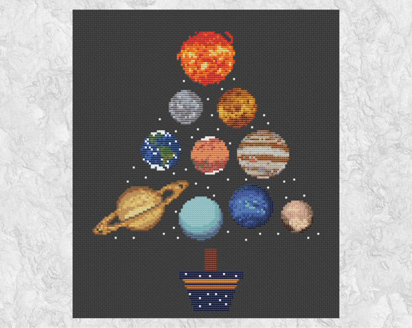 This fun Planets Christmas Tree cross stitch pattern is made up of all the planets in the Solar System, along with the Sun and Pluto. The planets are all accurately designed from NASA images as much as possible given the limitations of size. Shown without frame.