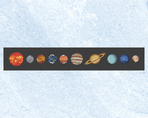 Cross stitch pattern of all the planets in the Solar System, along with the Sun and Pluto, arranged in the order of their distance from the Sun. The planets are accurately designed from NASA images as much as possible given the limitations of size. Shown without frame.
