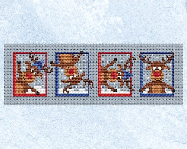 Set of Reindeer cross stitch pattern. Fun mini designs of Christmas cartoon reindeers. Shown without frame.