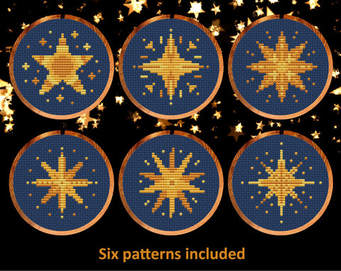 Six mini Christmas stars cross stitch patterns in shades of gold - shown in three inch hoops