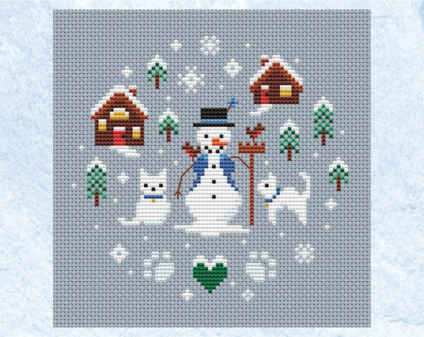 Snowman and Snowcats cross stitch pattern. Shown without frame.