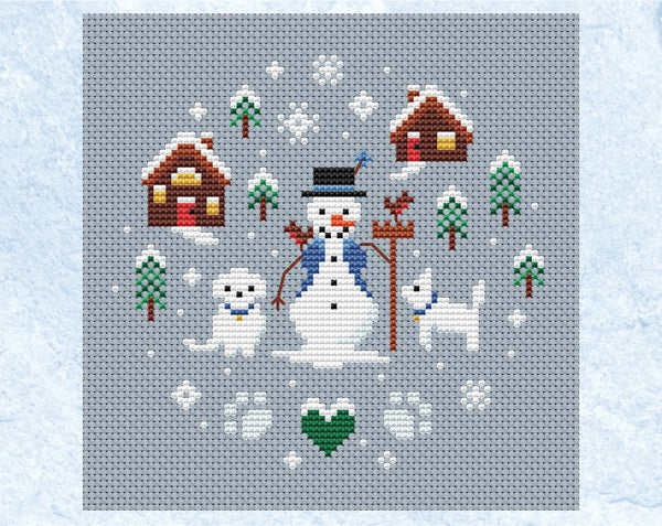 Snowman and Snowdogs cross stitch pattern. Shown without frame.