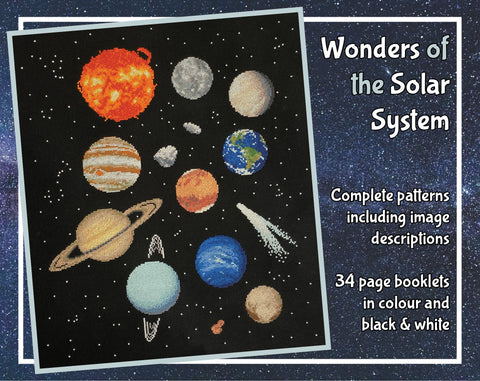Wonders of the Solar System cross stitch pattern - accurate astronomy stitched design showing the Sun, Mercury, Venus, Earth, Mars, Jupiter, Saturn, Uranus, Neptune Pluto, comet, asteroids and Kuiper Belt Object Arrokoth, all against a background of stars and constellations.