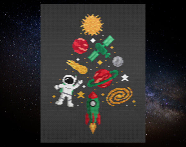 Space Christmas Tree cross stitch pattern - xmas tree shape made up of sun, planets, moon, stars, satellite, astronaut, galaxy and rocket motifs. Shown without frame.