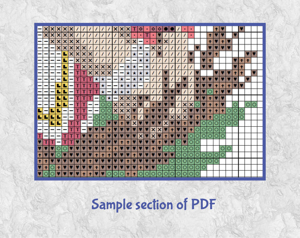 Splattered Paint Rugby Player cross stitch pattern. Design of a rugby player throwing himself over the touchline with the ball, scoring a try. Section of PDF.