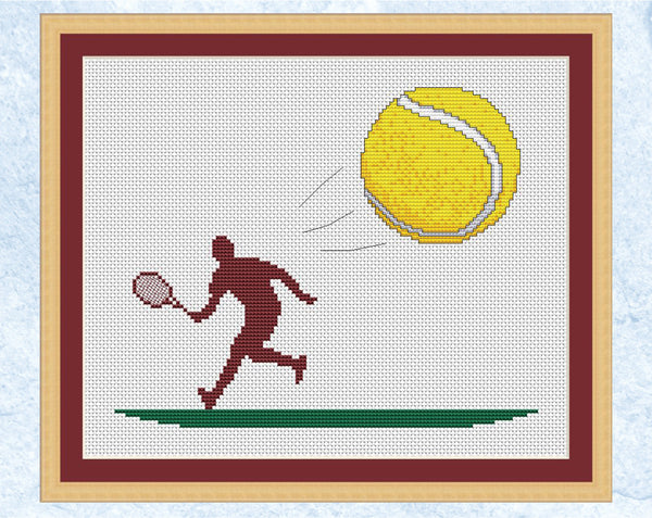 Tennis cross stitch pattern. Silhouette of a tennis player hitting a tennis ball coming towards you. Shown with frame.