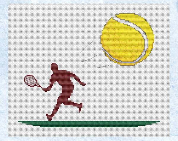 Tennis cross stitch pattern. Silhouette of a tennis player hitting a tennis ball coming towards you. Shown without frame.