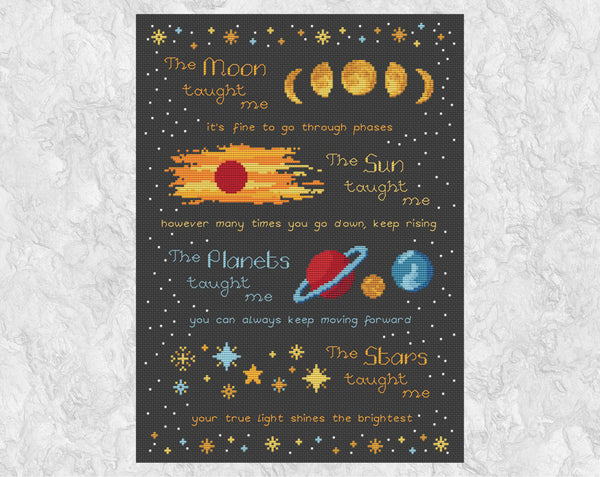 'The Moon Taught Me' inspirational quote cross stitch pattern - shown without frame