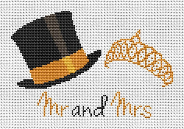 Wedding cross stitch pattern of a top hat and a tiara with "Mr and Mrs" written beneath it. Shown without frame.