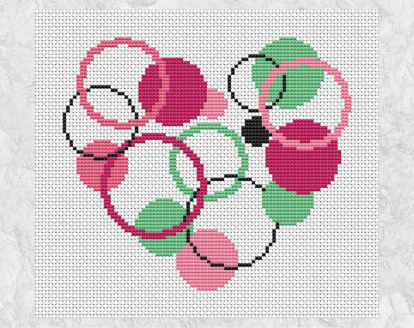 Circles Heart cross stitch pattern - full and outlined circles making up a heart shape