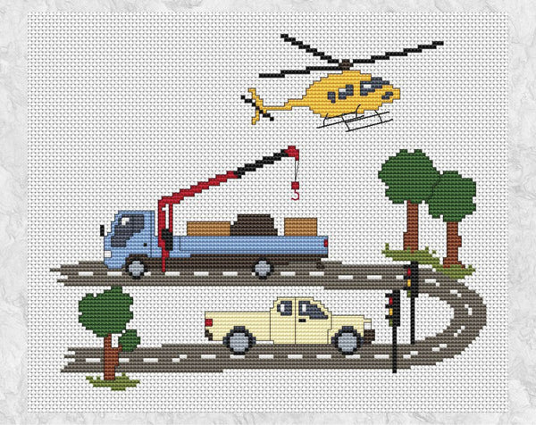 Cross stitch pattern of a road with a truck with a crane, a pickup truck, traffic lights and trees, and a helicopter flying overhead. Shown without frame.