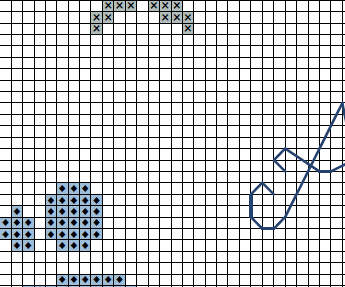 Custom cross stitch birth sampler pattern showing the baby's name and details, a baby handprint and footprint and stars. Section of PDF.