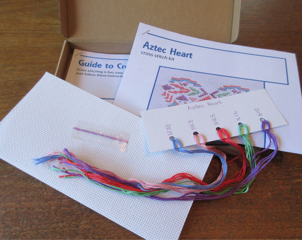 Aztec Heart cross stitch kit - angled view of box contents