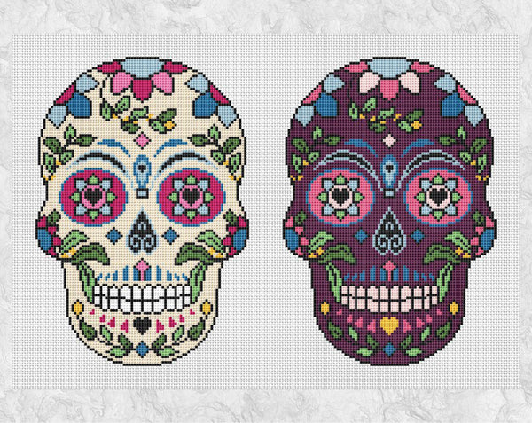 Sugar Skulls cross stitch pattern - white and purple candy skulls, with flowers, shown without frame