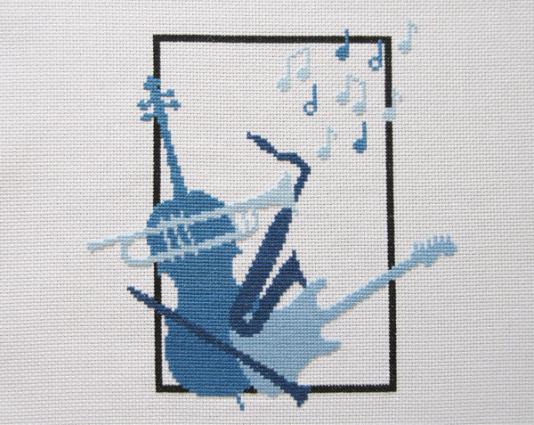Musical Cluster cross stitch pattern - cello, trumpet, saxophone, electric guitar and flute