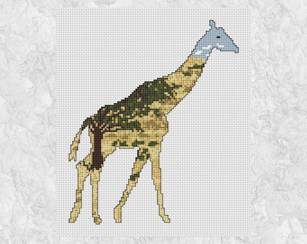 Grasslands Giraffe cross stitch pattern - silhouette of a giraffe filled with savannah and a large tree. Shown without frame.