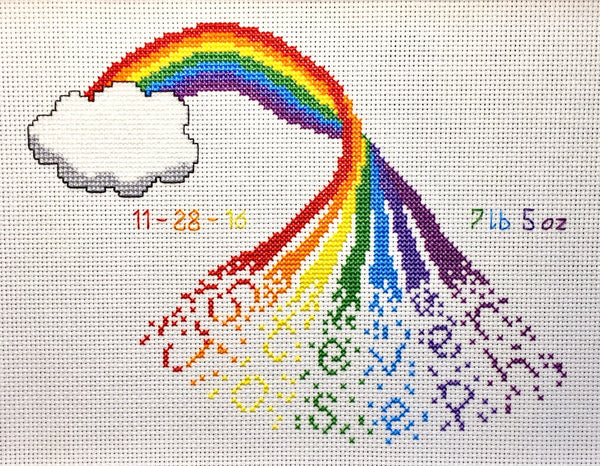 Personalised rainbow cross stitch pattern - rainbow with name emerging from it. Version with two names - customer's stitched piece.